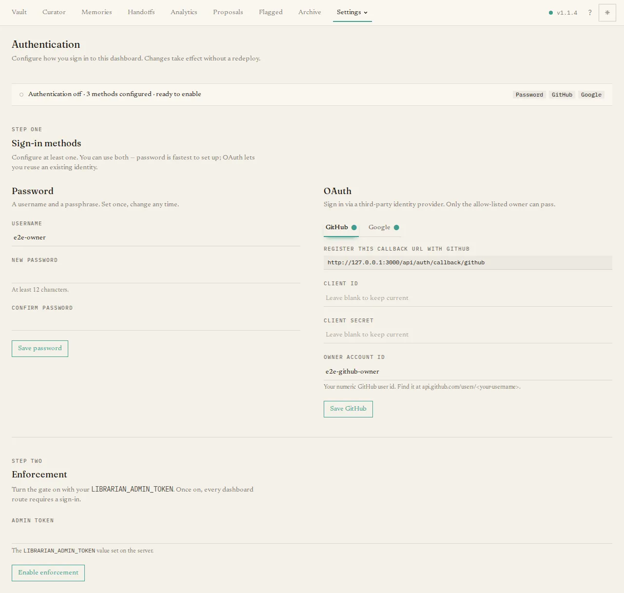 The Settings page (Auth tab)